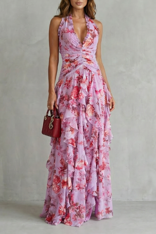 Belladina | Romantic Rose Cascade Maxi Dress with Halter Neckline