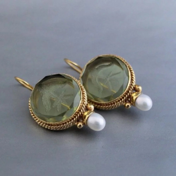 Classic Retro Green Stone Pearl Earrings