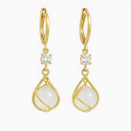 Gold White Opal Drop Earrings