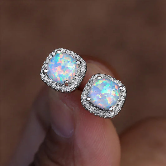 Elegant Silver Round White Fire Opal Earrings