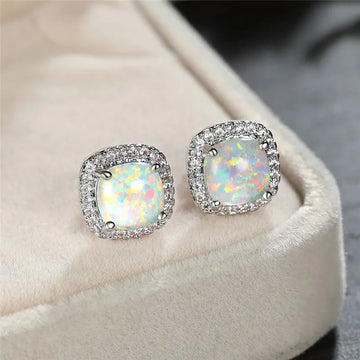 Elegant Silver Round White Fire Opal Earrings