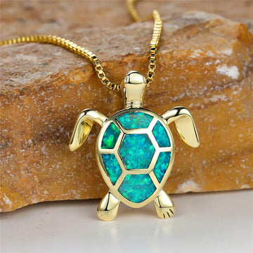 Vintage Green Fire Opal Turtle Necklace