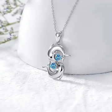 Silver Double Dolphin Blue Crystal Necklace