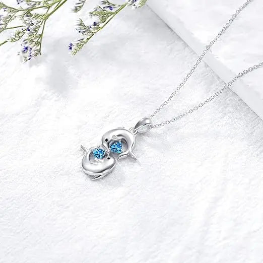 Silver Double Dolphin Blue Crystal Necklace
