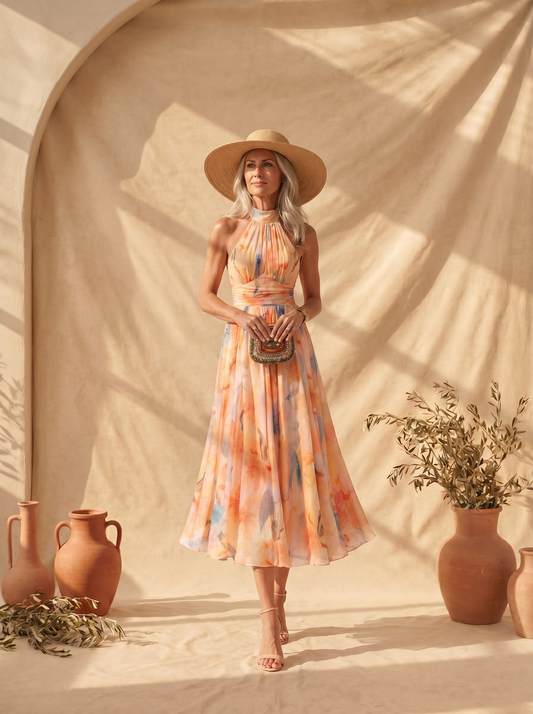 Aurora | Halter Dress with Watercolor Print