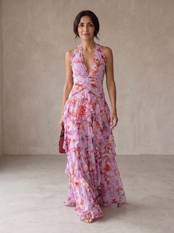 Belladina | Romantic Rose Cascade Maxi Dress with Halter Neckline