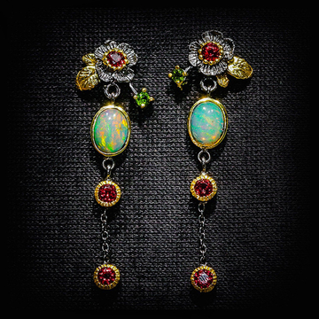 Boho Opal & Red Zirconia Earrings