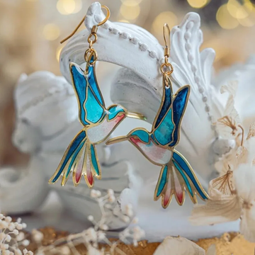 Gold Hummingbird Blue Enamel Earrings